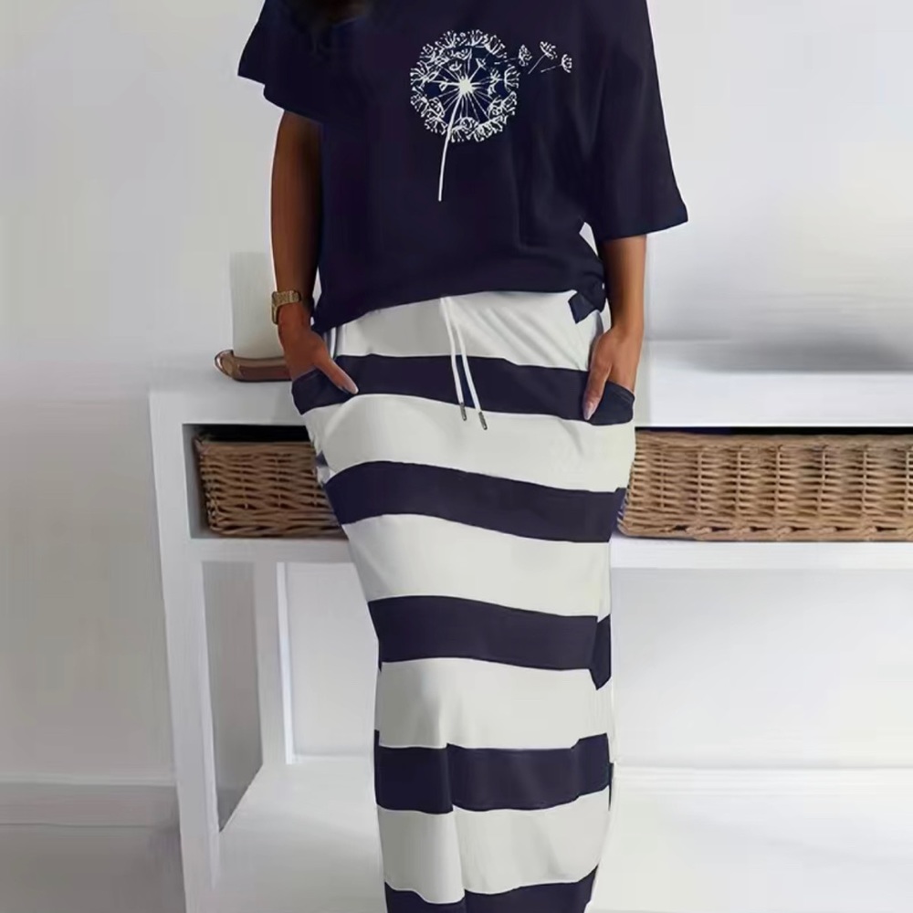 2 piece Off Shoulder Top and Striped Skirt